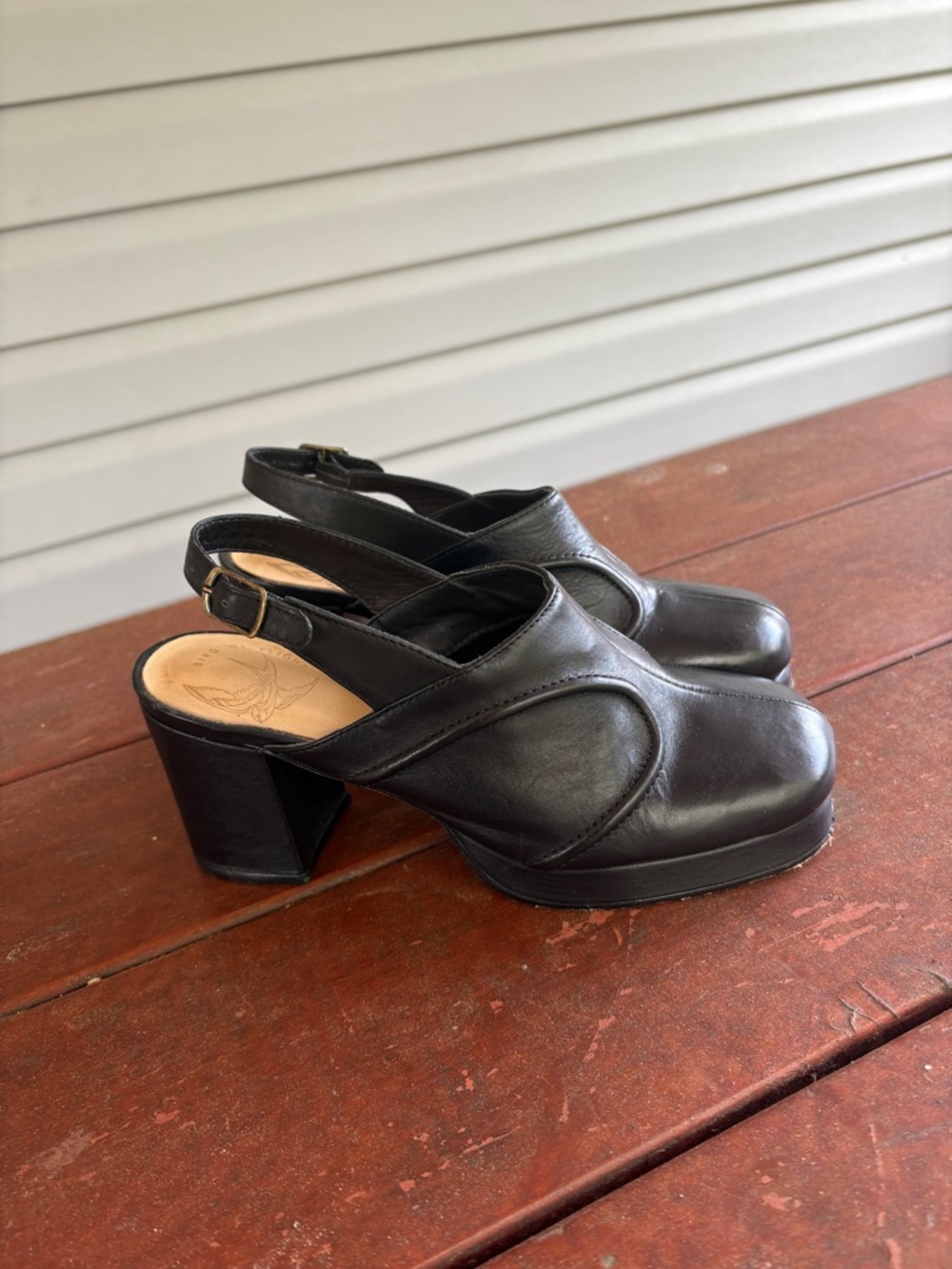 Bird of Flight Black Leather Slingback Block Heel Pumps